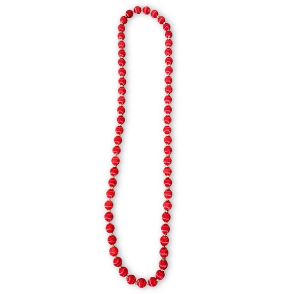 Vintage Ruby Red Silk Satin Wrapped Bead Necklace 30”+ Gold Tone Spacer 70s 80s - Picture 1 of 3